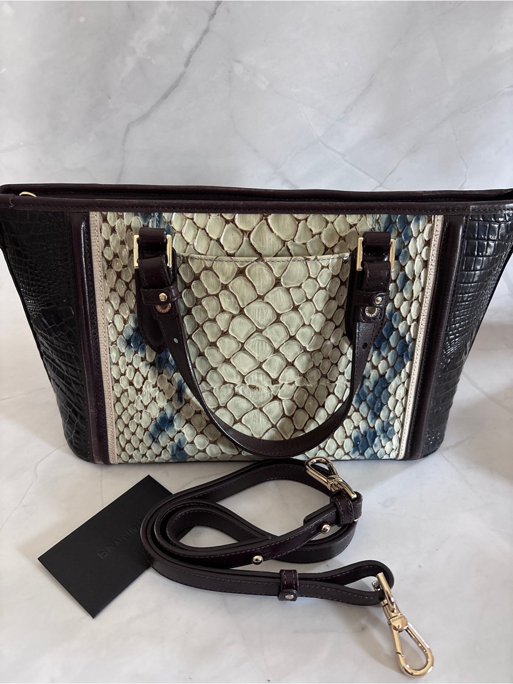Brahmin mini Asher tote in a blue/ivory snakeskin/ombre